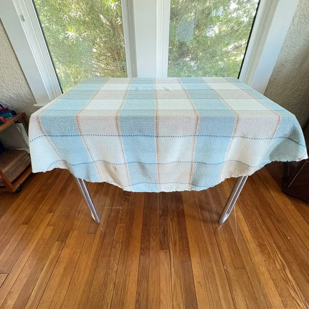 Vintage Blue Cream Plaid Round Tablecloth 64 Inch